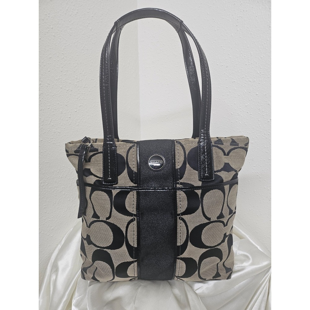 Coach F25771 Signature Stripe Tote Black/Khaki Patent Leather Trim Shoulder Bag
